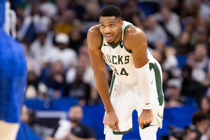 Milwaukee Bucks forward Giannis Antetokounmpo (34) looks on during the second half at Amway Center.